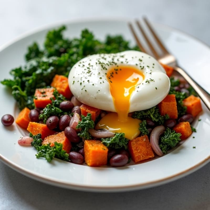 Crispy Sweet Potato and Kale Hash with Poached Eggs