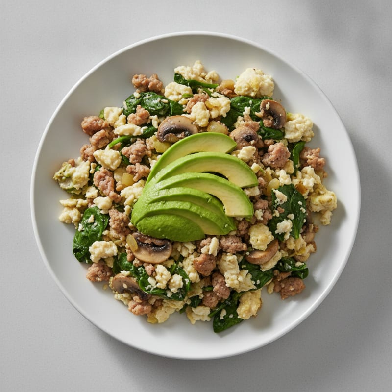 Egg White and Turkey Sausage Scramble with Spinach and Sautéed Mushrooms