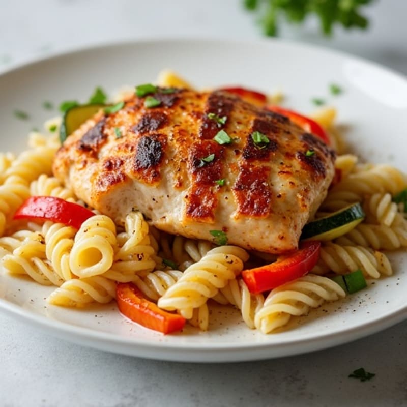 Spicy Cajun Chicken with Creamy Pasta and Roasted Vegetables