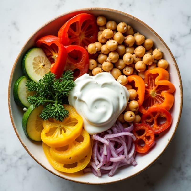 Roasted Vegetable and Chickpea Bowl with Creamy Lemon-Herb Greek Yogurt Dressing