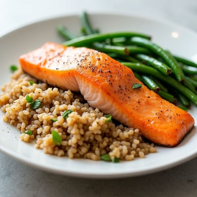Seared Salmon with Garlic Green Beans and Brown Rice