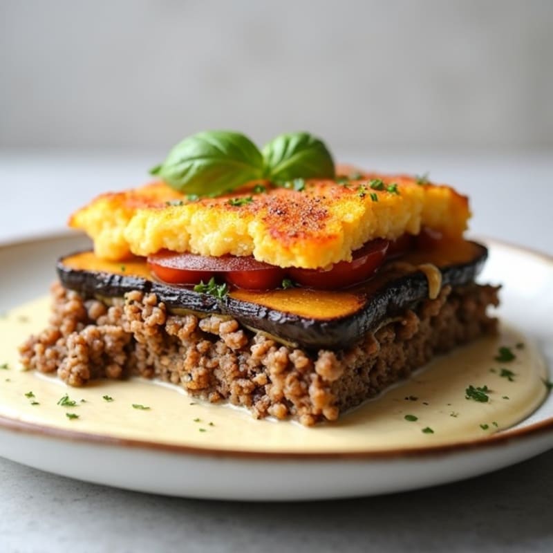 Layered Eggplant and Beef Casserole with Creamy Cauliflower Sauce