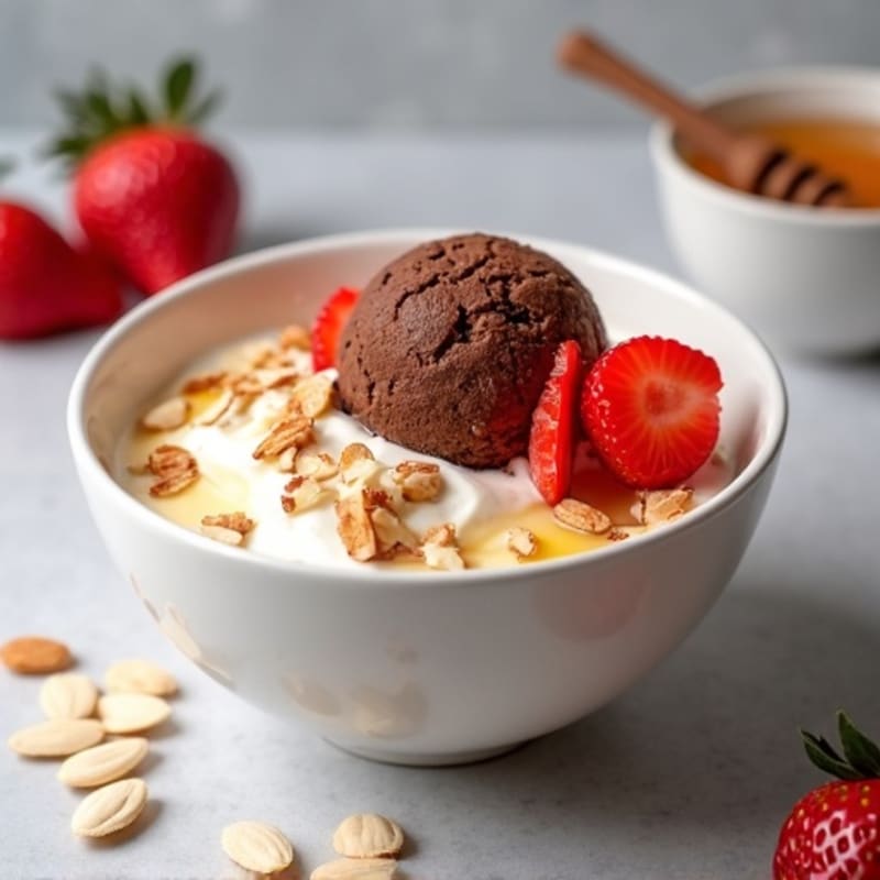 Protein Greek Yogurt Bowl with Chocolate Whey and Sliced Strawberries