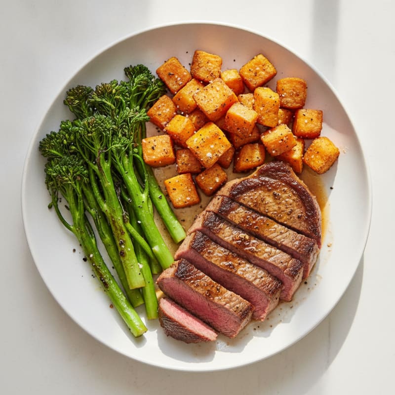 Pan-Seared Steak with Roasted Sweet Potatoes and Broccolini