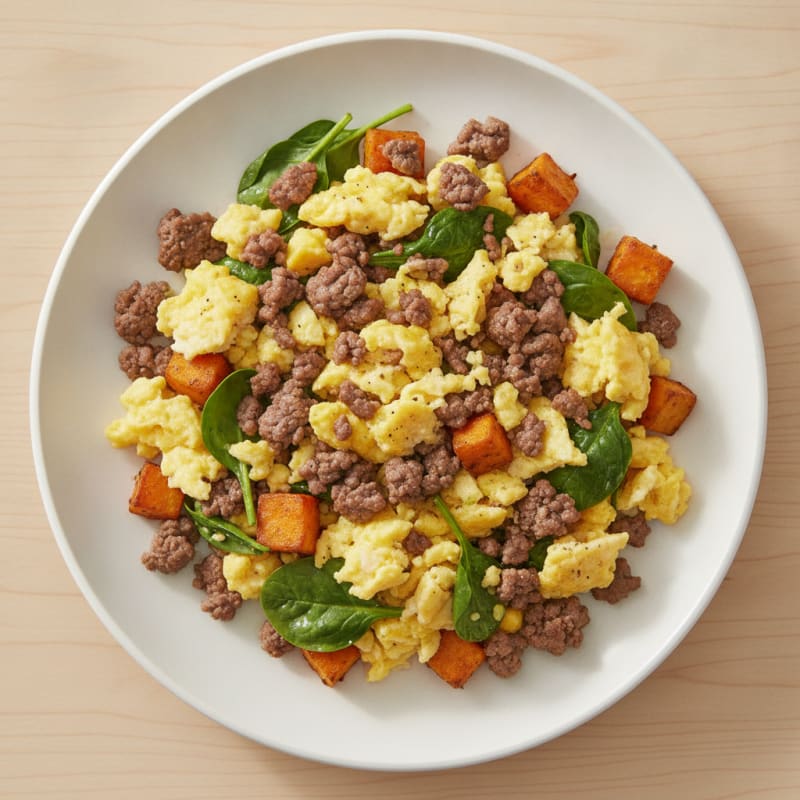 Scrambled Eggs with Ground Beef and Sweet Potato Hash