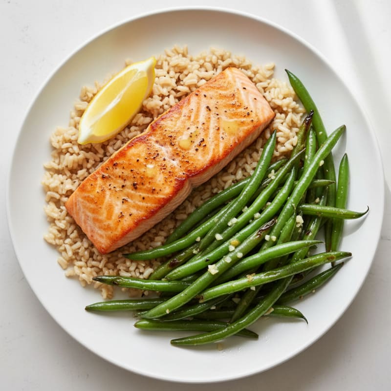 Seared Salmon with Garlic Green Beans and Brown Rice