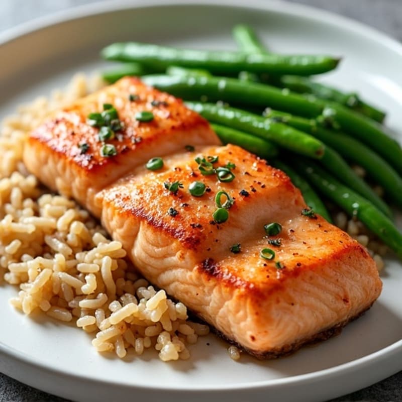 Seared Salmon Fillet with Steamed Green Beans and Brown Rice