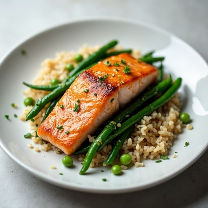 Seared Salmon Fillet with Garlic Green Beans and Brown Rice