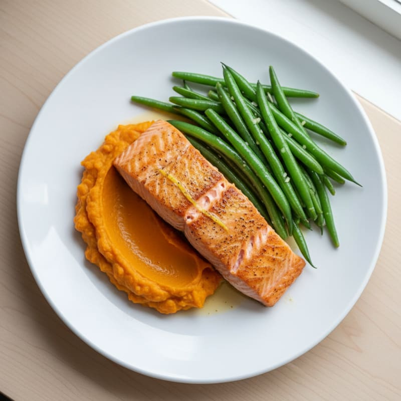 Seared Salmon with Steamed Green Beans and Sweet Potato Mash