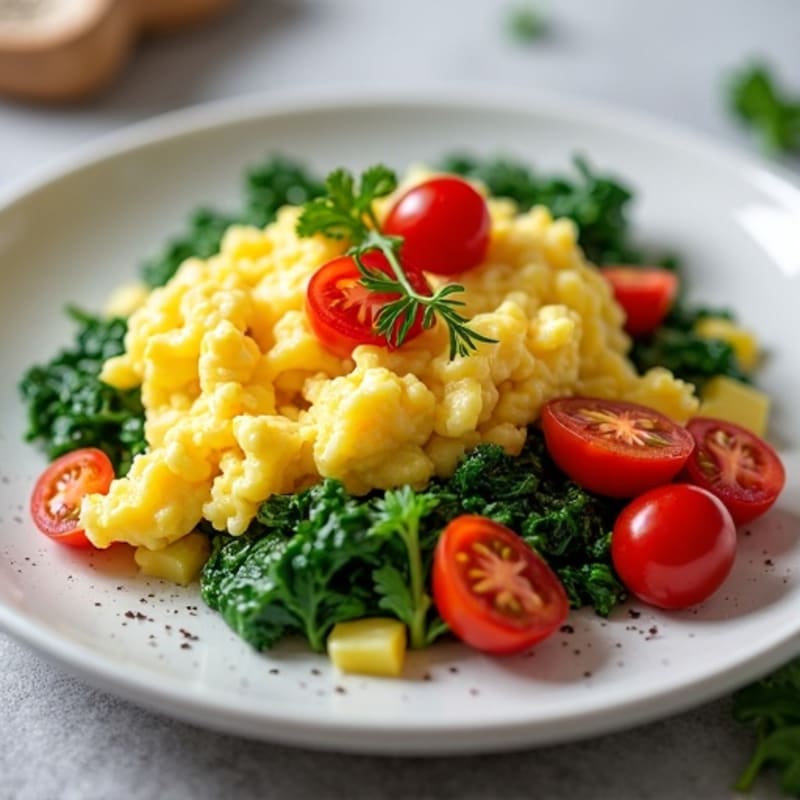Fluffy Scrambled Eggs with Sautéed Spinach and Cherry Tomatoes