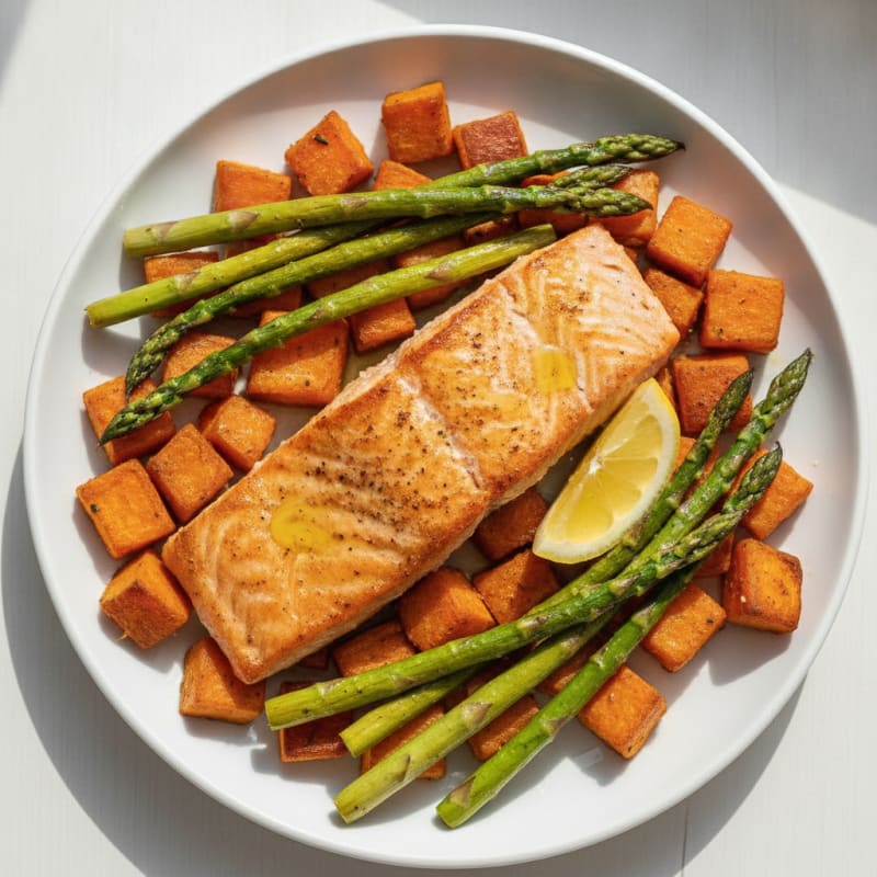 Seared Salmon with Roasted Sweet Potato and Asparagus