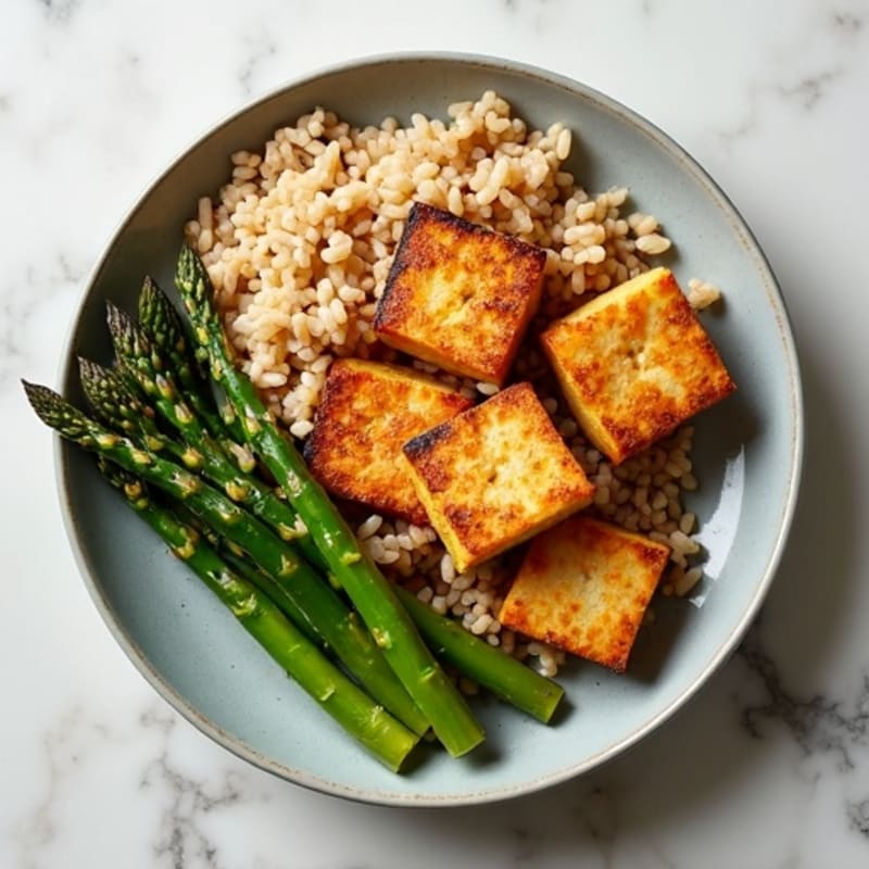 Crispy Baked Tofu with Roasted Asparagus and Brown Rice