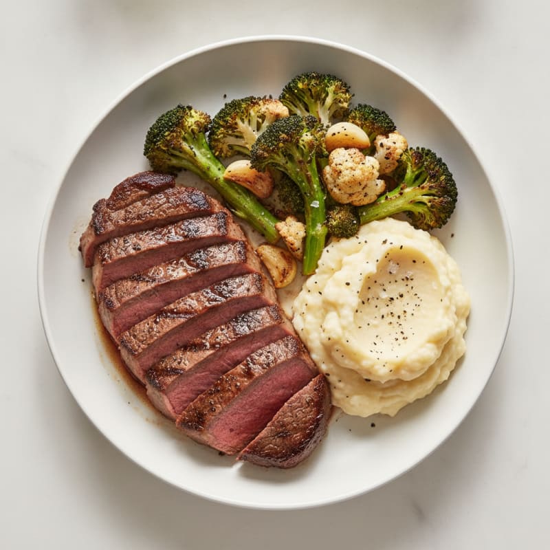 Grilled Steak with Roasted Broccoli and Cauliflower Mash
