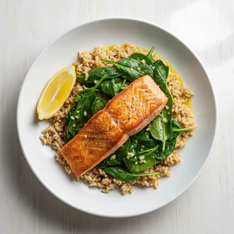 Seared Salmon with Garlic Spinach and Brown Rice