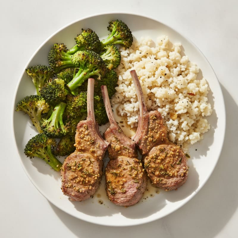 Herb-Crusted Lamb Chops with Roasted Broccoli and Cauliflower Rice
