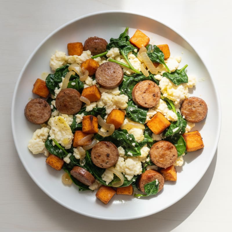 Egg White and Turkey Sausage Scramble with Sautéed Spinach