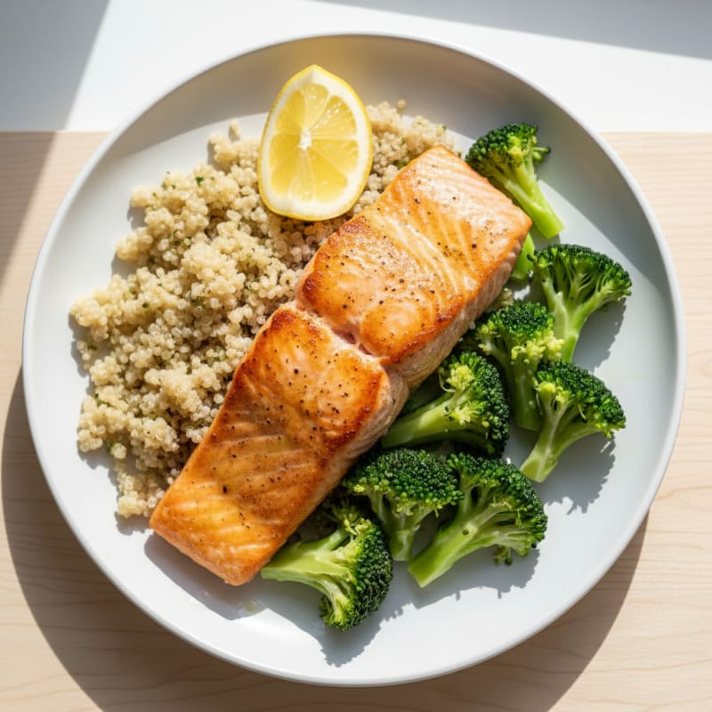 Seared Salmon Fillet with Steamed Broccoli and Quinoa