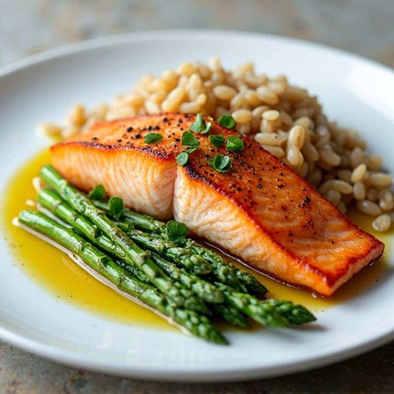 Seared Salmon with Steamed Asparagus and Brown Rice