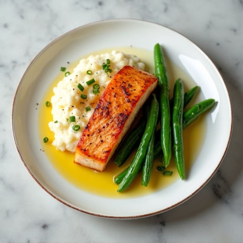 Seared Salmon with Garlic Green Beans and Cauliflower Mash