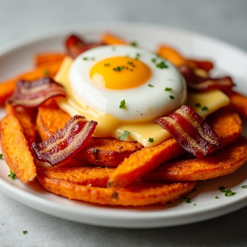 Crispy Sweet Potato Fries with Smoky Turkey Bacon and Creamy Cheesy Sauce