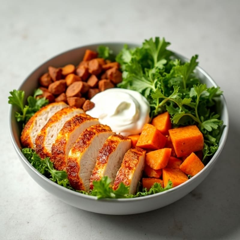 Creamy Buffalo Chicken Bowl with Roasted Sweet Potatoes and Fresh Greens