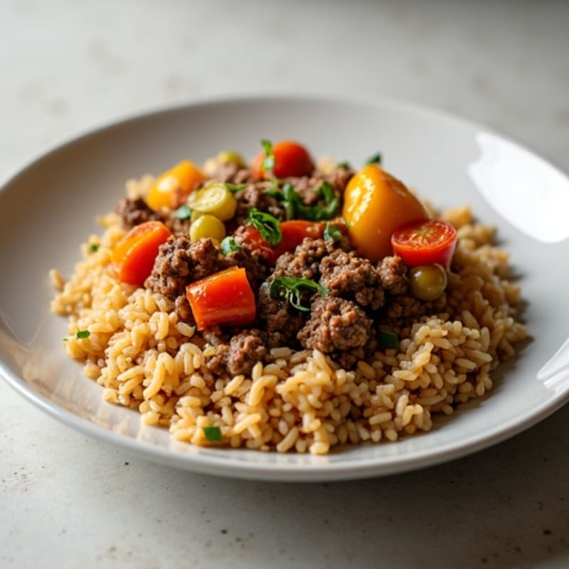 Lean Ground Beef with Fluffy Brown Rice and Roasted Vegetables