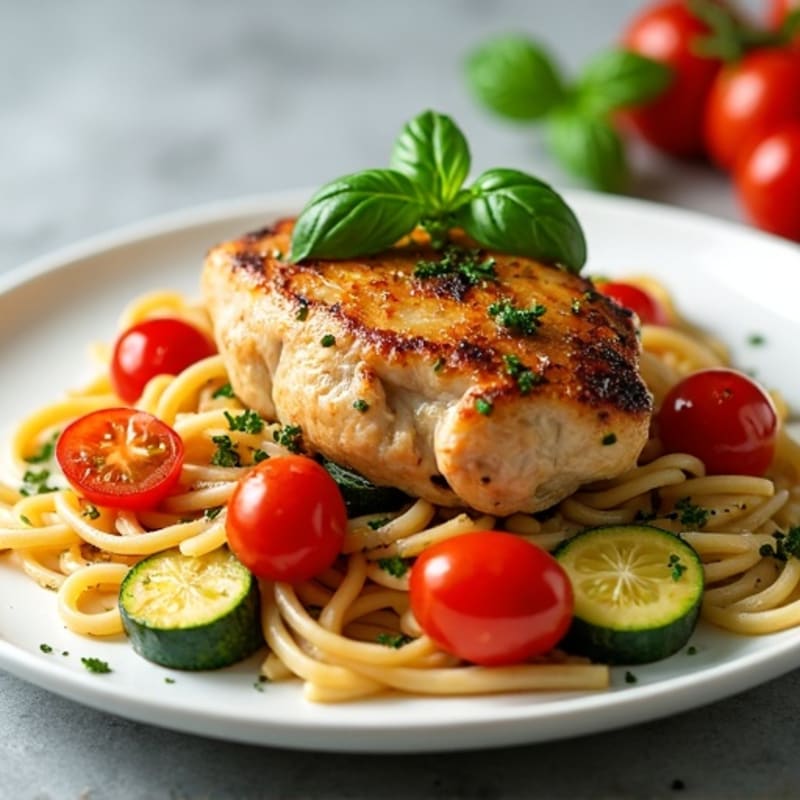 Garlic-Herb Pan Seared Chicken Thighs with Roasted Vegetable Pasta