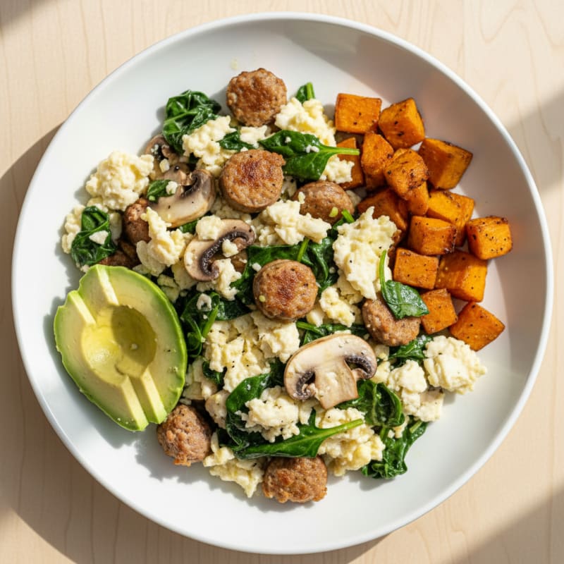 Egg White and Turkey Sausage Scramble with Spinach and Mushrooms