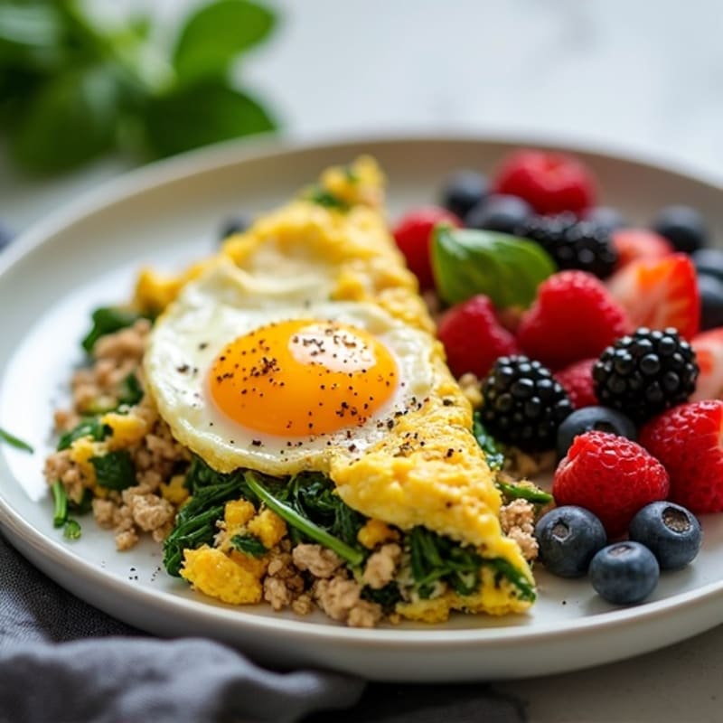 Spinach and Ground Turkey Egg Scramble with Fresh Berries