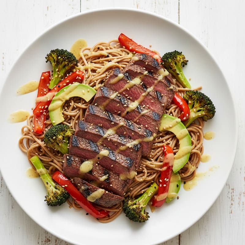 Grilled Steak Noodle Bowl with Roasted Broccoli and Peppers