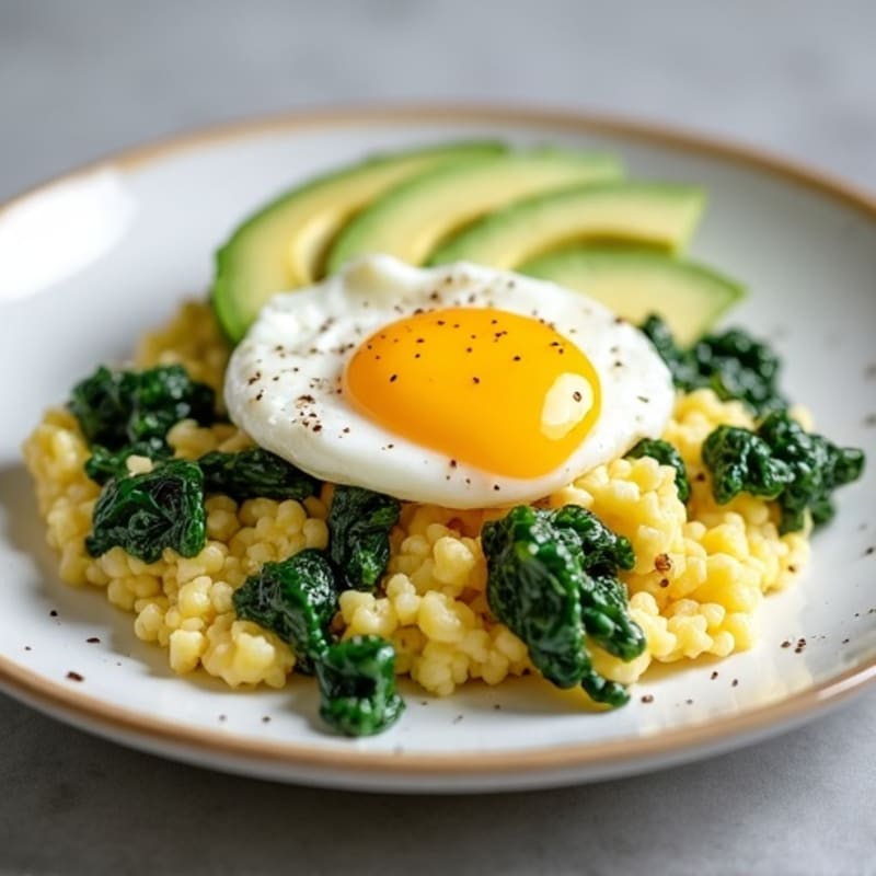 Fluffy Egg Scramble with Sautéed Spinach and Creamy Avocado