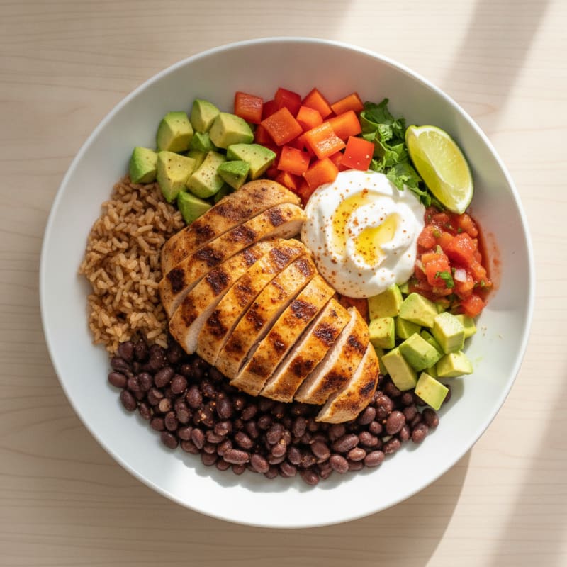 Grilled Chicken Burrito Bowl with Brown Rice and Black Beans