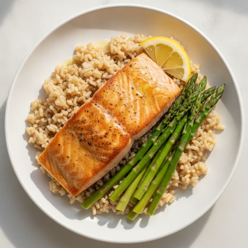 Seared Salmon with Steamed Asparagus and Brown Rice