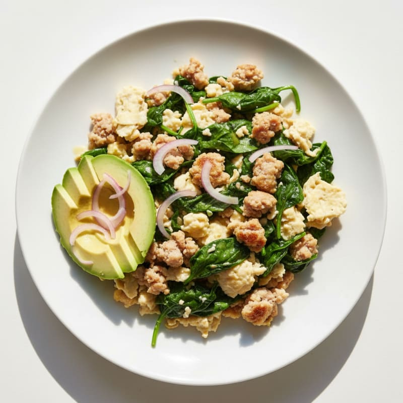 Egg White Scramble with Turkey Sausage and Sautéed Spinach