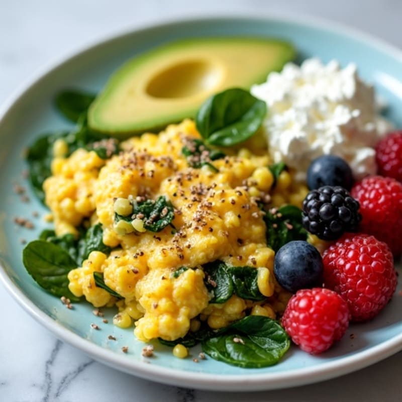 Egg White Spinach Scramble with Cottage Cheese and Berries