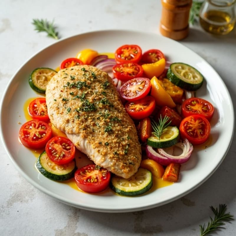 Herb-Crusted Sheet Pan Chicken with Roasted Rainbow Vegetables