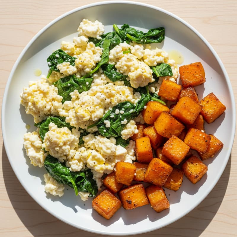 Cottage Cheese Scramble with Spinach and Roasted Sweet Potato
