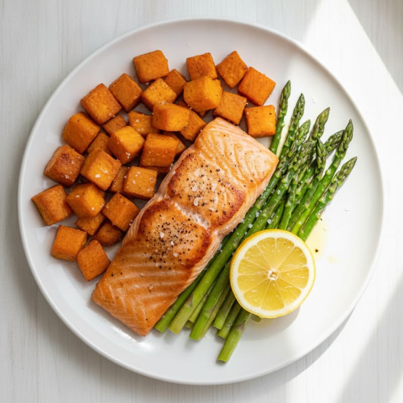Seared Salmon Fillet with Roasted Sweet Potatoes and Asparagus