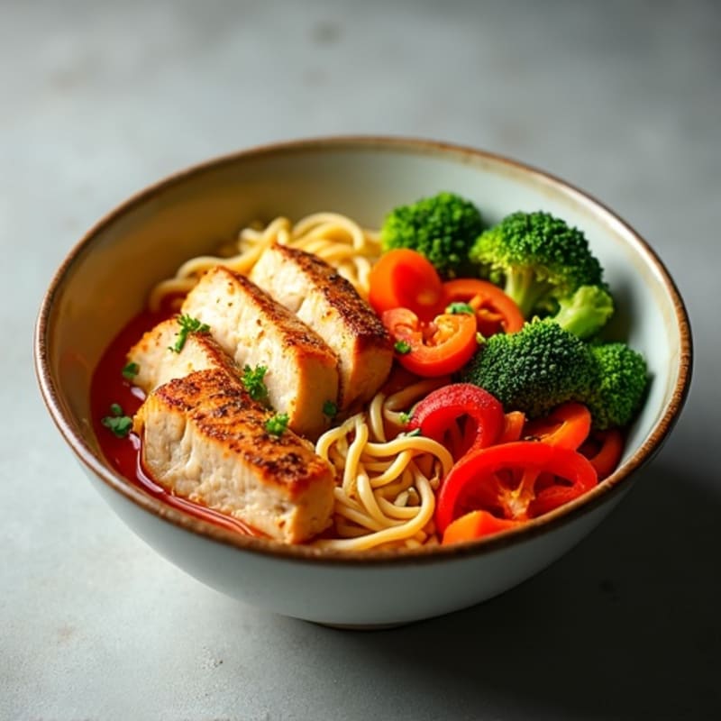 Spicy Sriracha Chicken Ramen Bowl with Fresh Vegetables