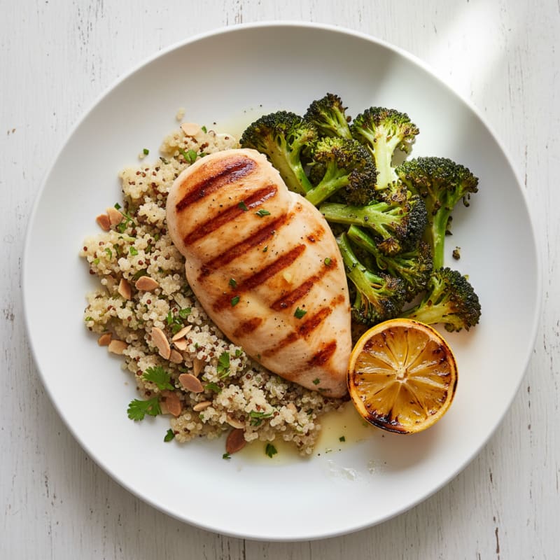 Grilled Chicken Breast with Quinoa Pilaf and Roasted Broccoli