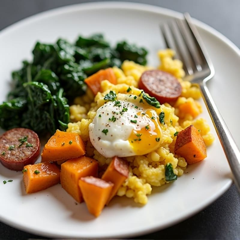 Egg White and Turkey Sausage Scramble with Sautéed Spinach and Sweet Potato