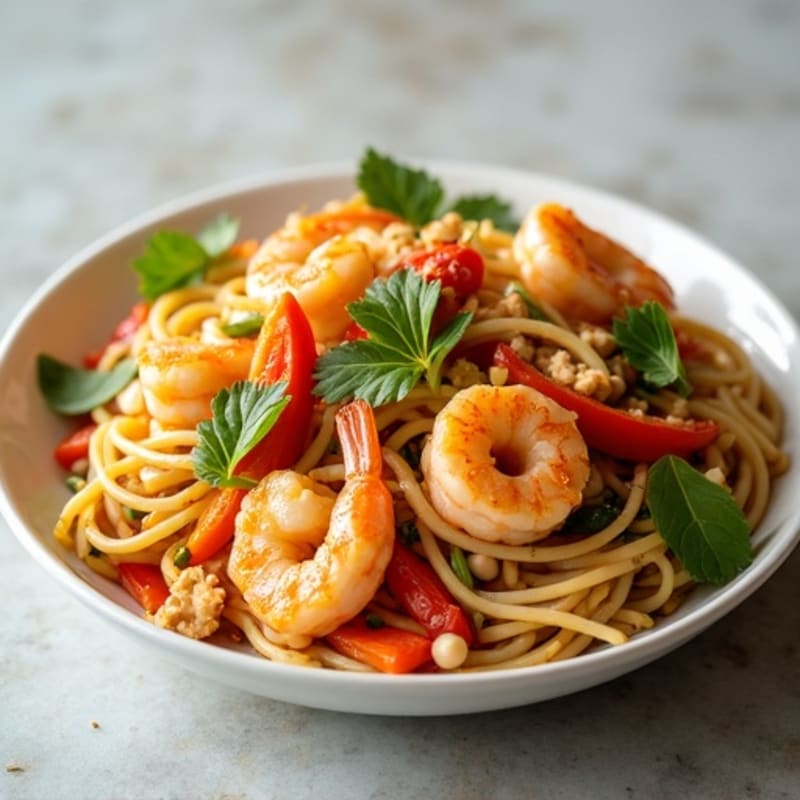 Stir-Fried Shrimp with Peanut Rice Noodles and Crisp Vegetables