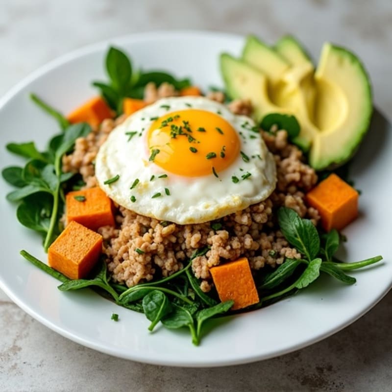 Egg White and Turkey Spinach Scramble with Roasted Sweet Potato