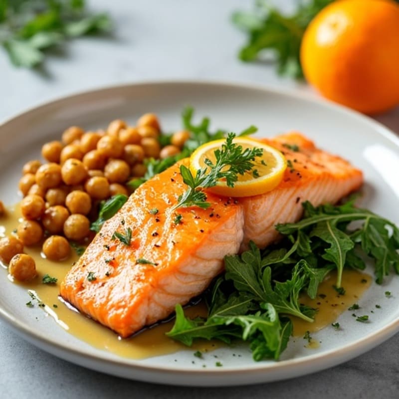 Citrus-Glazed Salmon and Crispy Chickpea Arugula Salad