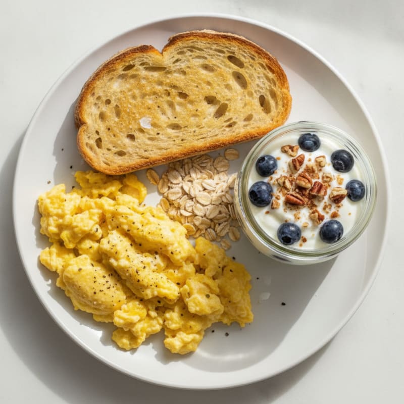 Blueberry Pecan Yogurt Parfait with Scrambled Eggs