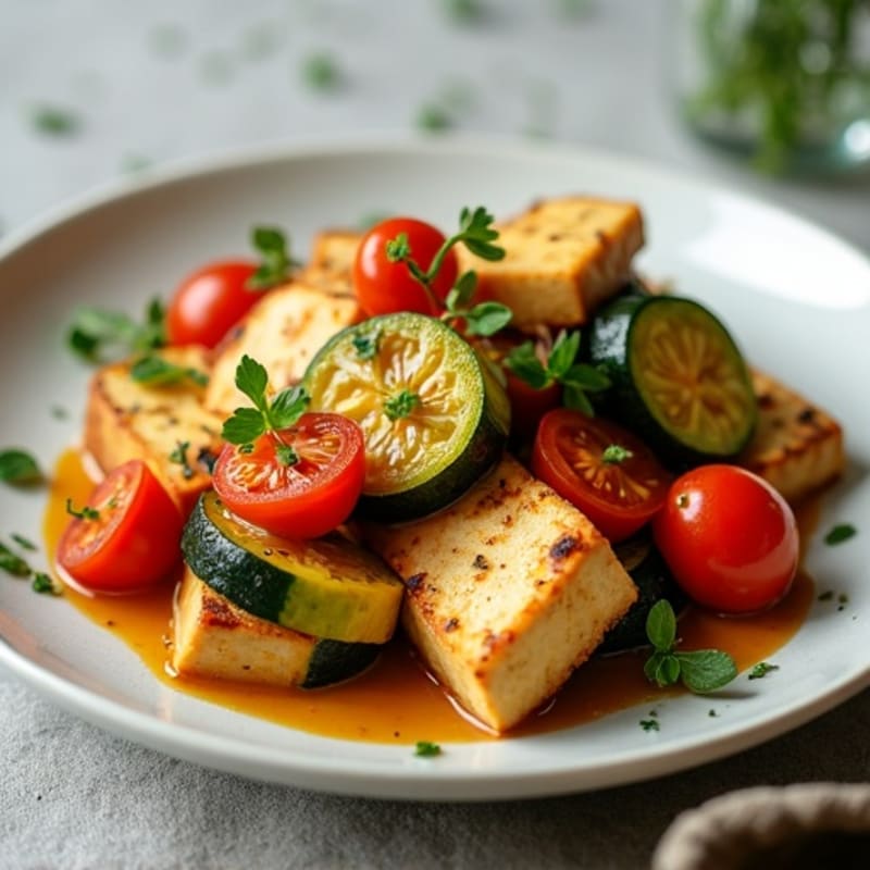 Herb-Baked Tofu with Zucchini and Tomato Stir Fry