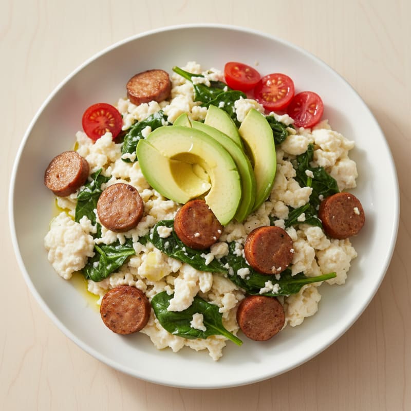 Egg White and Turkey Sausage Scramble with Sautéed Spinach