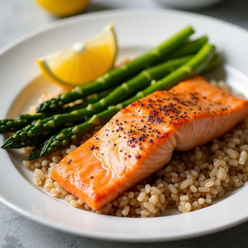 Seared Salmon with Steamed Asparagus and Brown Rice