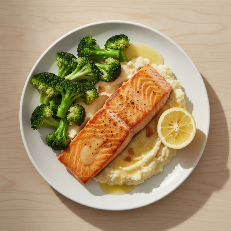 Seared Salmon with Steamed Broccoli and Garlic Cauliflower Mash