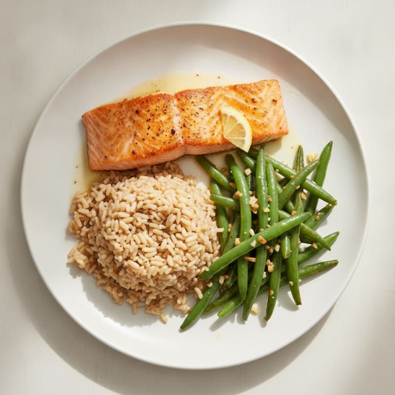 Seared Salmon with Garlic Green Beans and Brown Rice